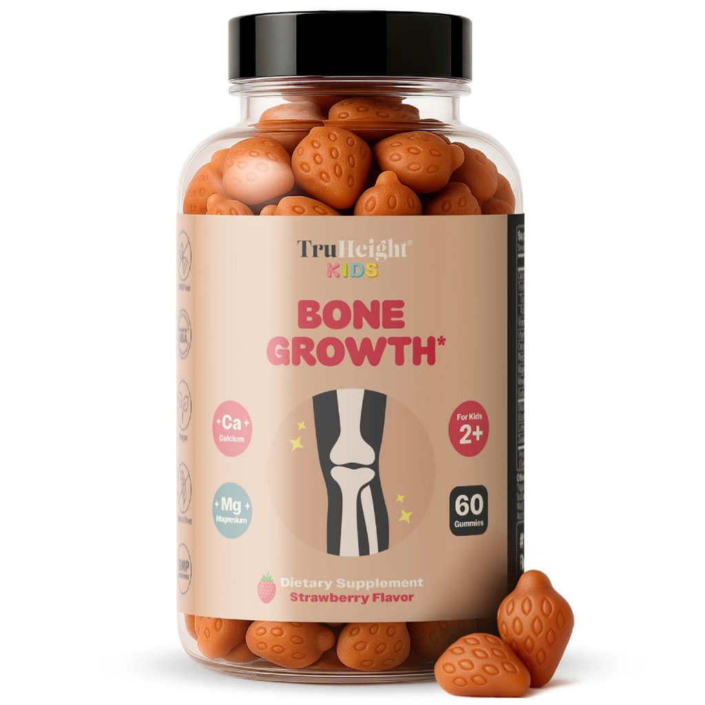 TruHeight Deti Rast kostí Gumies (Jahoda, vek 2+) Vysoká výživa pre prirodzený rast pre deti a batoľatá - vitamín D, vápnik, K, horčík Multivitamín, kostná sila Vitamíny, D3 K2, Taller