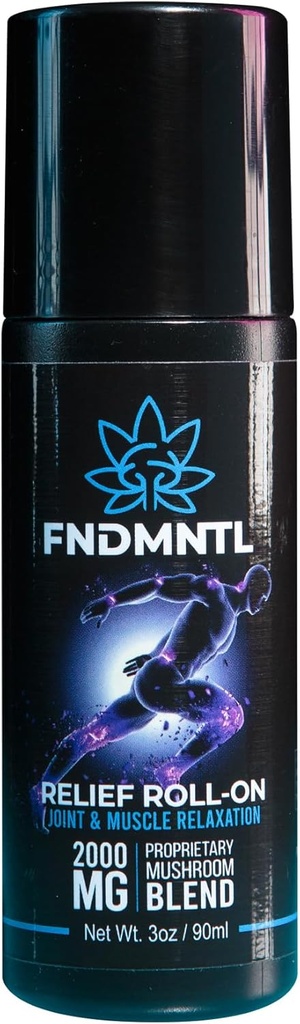 FNDMNTL Relief Roll-On s 2000mg Funkčné Huba Blend pre kĺbu a svalovej relaxácie, No Mess Applicator, 3oz