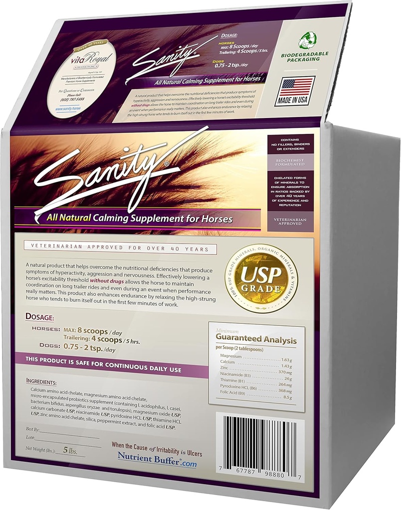 Sanity - Konské Behaviorálne upokojujúce zaostrenie doplnok pre kone - horčík, vápnik, zinok, B vitamíny, aminokyseliny, probiotiká, tiamín, kyselina listová, Niacín, mäta a viac