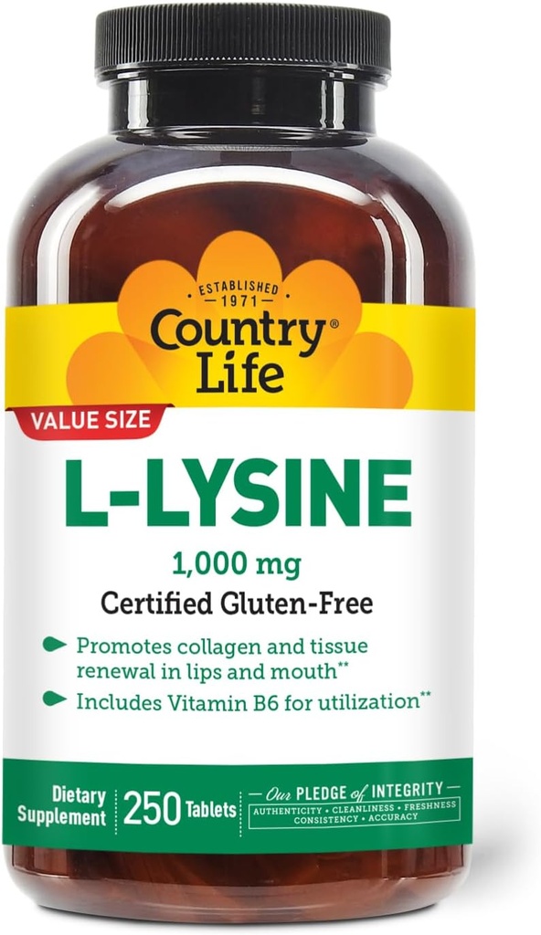 Country Life L-Lysine 1000 mg s B-6, podporuje imunitné zdravie, podporuje kolagén obnovu v Lips a Mouth, 250-Count, Certified Gluten Free, Certified Vegan