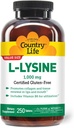 Country Life L-Lysine 1000 mg s B-6, podporuje imunitné zdravie, podporuje kolagén obnovu v Lips a Mouth, 250-Count, Certified Gluten Free, Certified Vegan