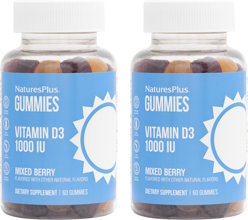 NaturesPlus Gummies Vitamín D3 1000 IU, zmiešané Berry - 60 Gummies, balenie 2 - Podporuje kostné zdravie a imunitné funkcie - Vegan, bez lepku, non-GMO - 120 celkové služby