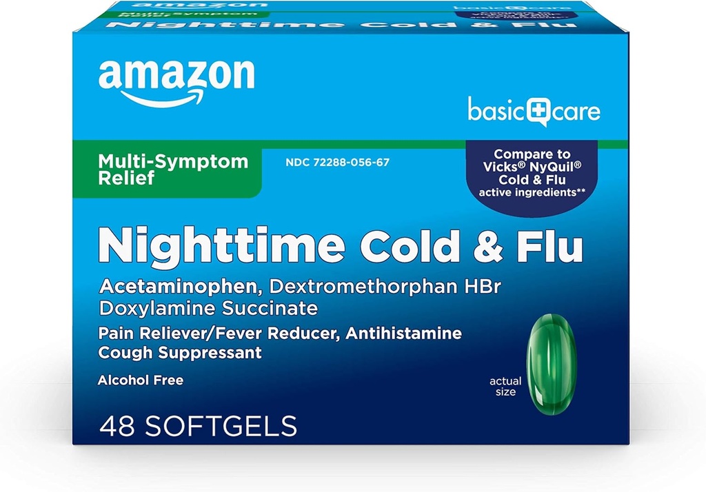 Amazon Basic Care Nighttime Cold and Flu Relief Softgels, 6 Hodinová studená medicína, zmierňuje príznaky veľkej chrípky, takže si môžete odpočinúť, 48 Počet (Pack of 1)