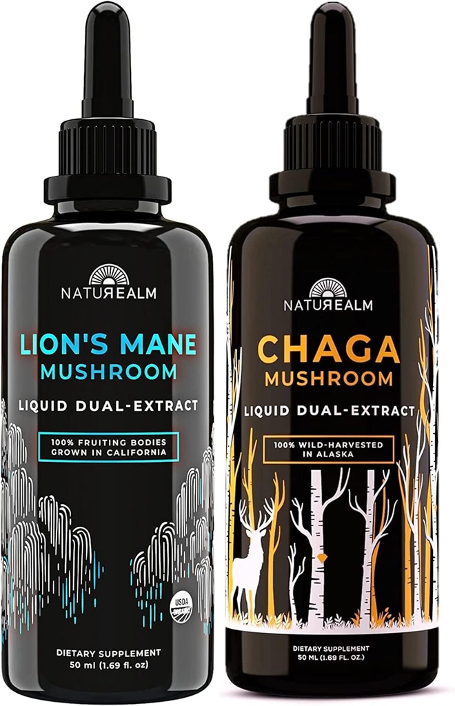 Naturealm Lion's Mane & Chaga Mushrom Extract - Adaptogen Stack for Focus, Imunity, Longevity, Stres Relief, Gut Health, Anti-Aging, Energy & More - Organic Liquid Drops - 50 ml Každý (2 balenia)