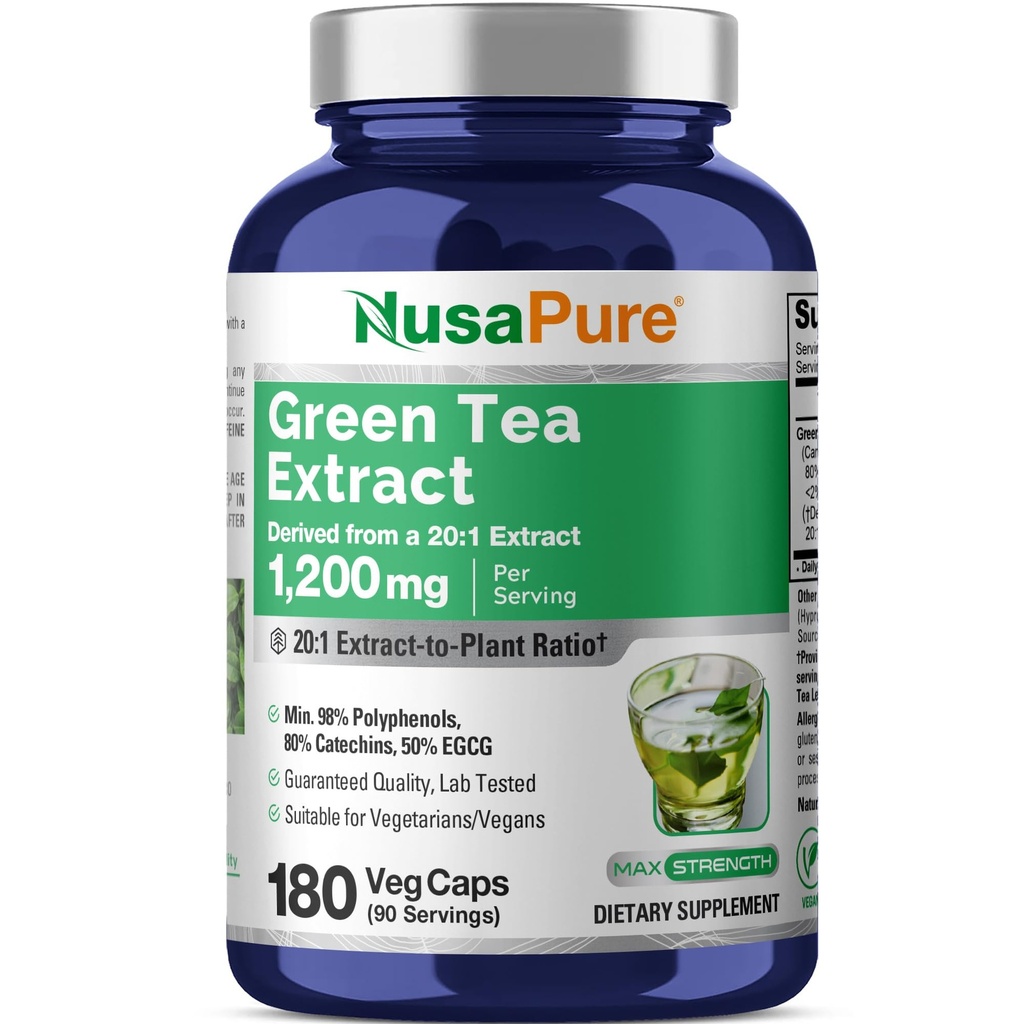NusaPure Green Tea 20:1 Extract, 1200 mg Ekvivalent s 24000mg, 180 Vegan Kapsule, 50% EGCG, 98% Polyfenoly, 80% Catechins