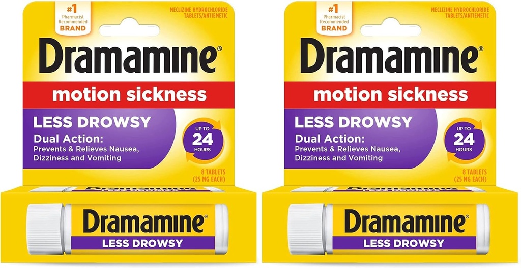 Dramamine Po celý deň Menej Drowsy Motion Disease Relief 8 Tablety zahrnuté (Pack of 2)