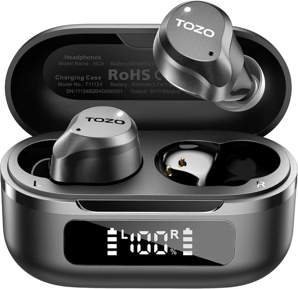 TOZO NC9 Hybridný aktívny hluk Zrušiť bezdrôtové earbuds, 6 Mics ENC Clear Call, IPX8 vodeodolný, v ušiach Bluetooth 5.3 Slúchadlá Stereo Bass slúchadlá 59H Čas hry s LED displejom 32 EQ cez APP