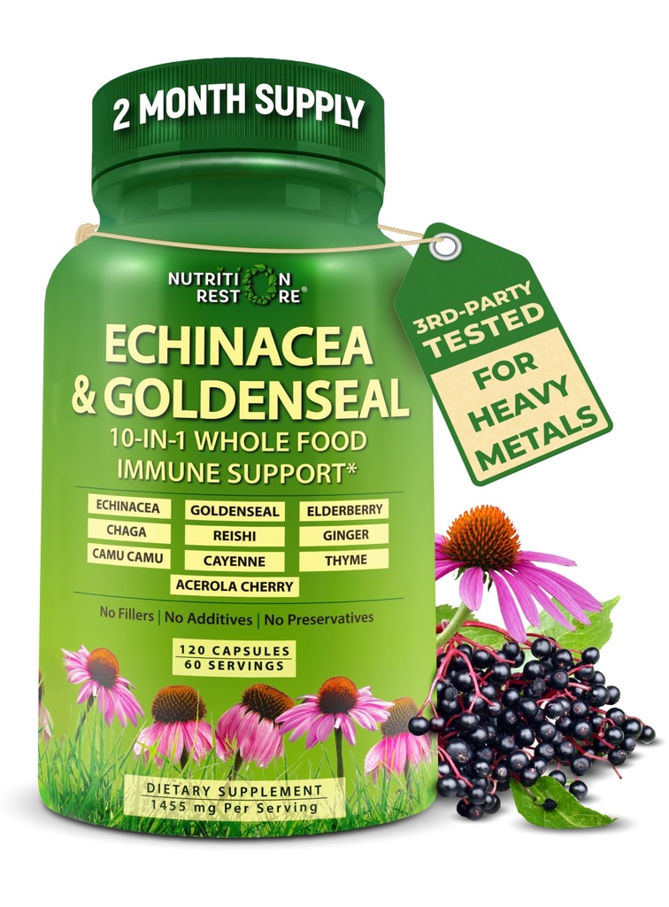 Echinacea Goldenseal Kapsule - 10 in 1 Imunitná podpora Supplement - 1455 mg - Vegan Echinacea Capsules Supplement Made with Organic Whole Foods - Herbal Immune System Support - 2 mesiace dodávky