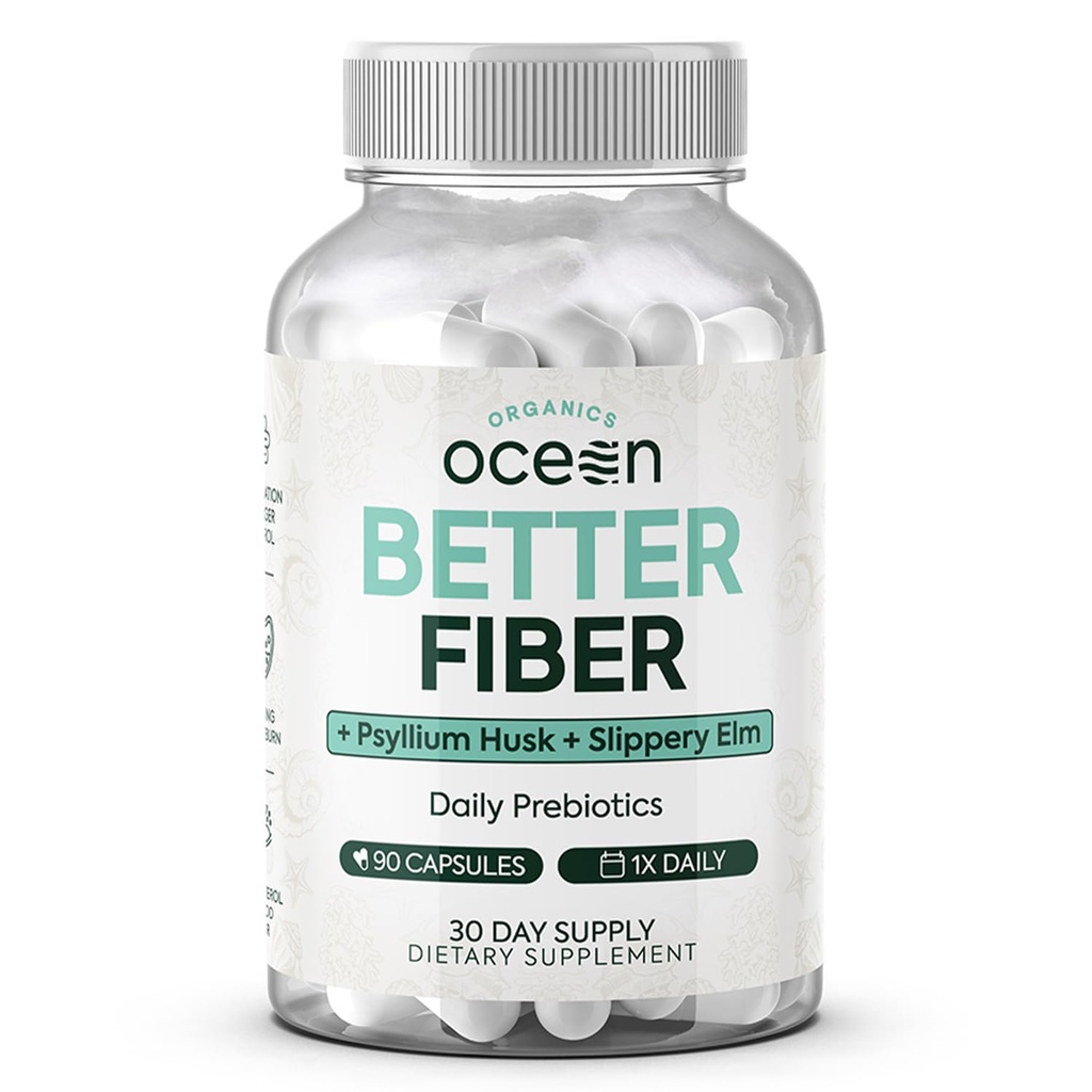 Organics Ocean Better Fiber - Denné Fiber Supplement - Soften Stool pre bez námahy Bowel pohyby - s Psyllium Hulk a Slippery Elm - 90 Kapsule