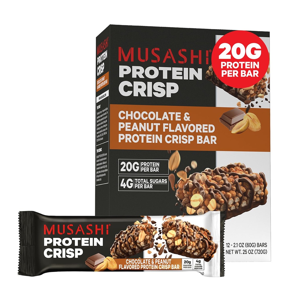 MUSASHI Protein Crisp Bar, 20g Protein, 4g Total Cukry, Čokoláda a Arašidové oriešky, Post Workout a Snack On The Go, 12 Balenie s 2,1/0 (60g) Bary