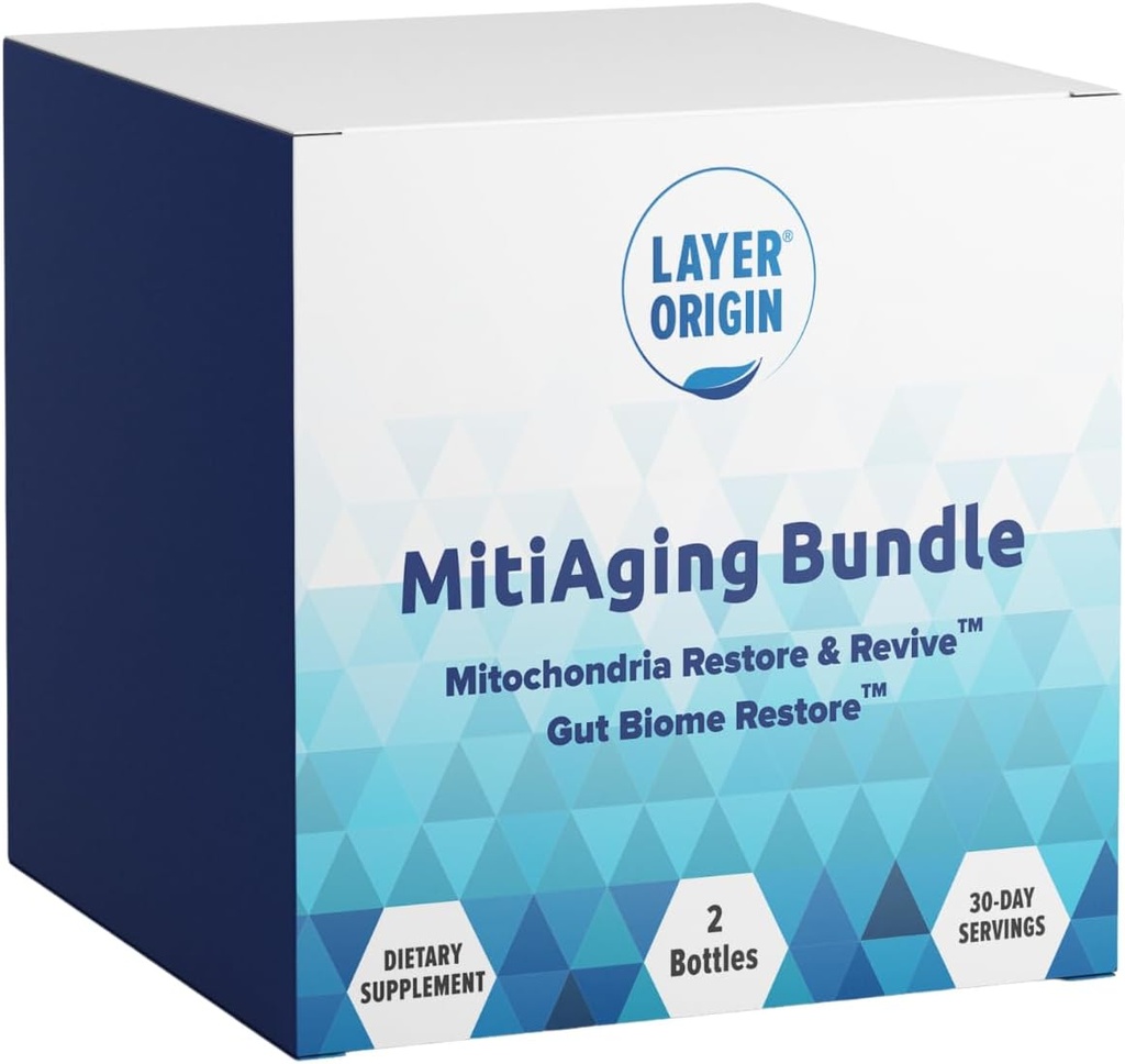 Vrstva Pôvod MitiAging Bundle, Anti-Aging 2-Bottle Balenie: Gut Biome Obnoviť a Mitochondria Revive - Boost Cellular Health Prirodzene, 30 dní dodávky