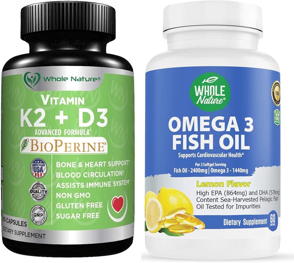 K2+D3 s bioperínom Plus vápnikom Omega 3 Rybí olej sú najefektívnejšie spoločne na podporu zdravia srdca a kostí, kĺbov a mozgu