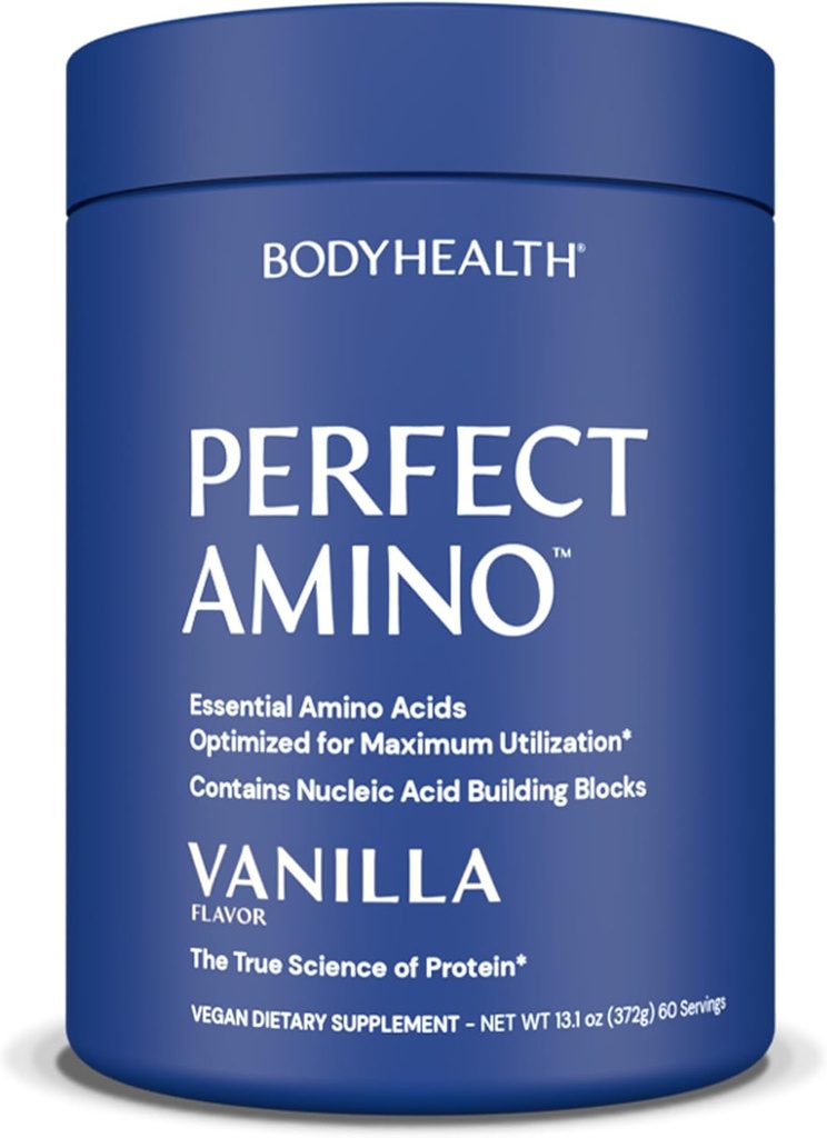 TeloHealth PerfectAmino Powder - BCAA a EAA Powder pre pre a po tréningu - Aminokyselinový nápoj pre mužov a ženy na podporu chudého svalstva a zotavenie - Vanilka - 60 porcií