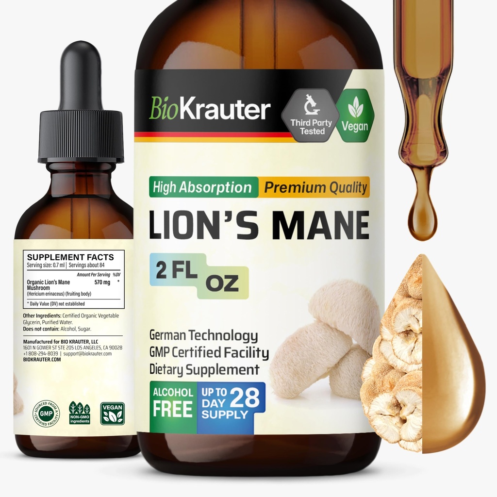 BIO KRAUTER Lions Mane Liquid Extract - Huba Supplement for Brain Support - Vegan Lions Mane Supplement - Alkohol & Sugar Free Drops - 2 Fl.Oz.