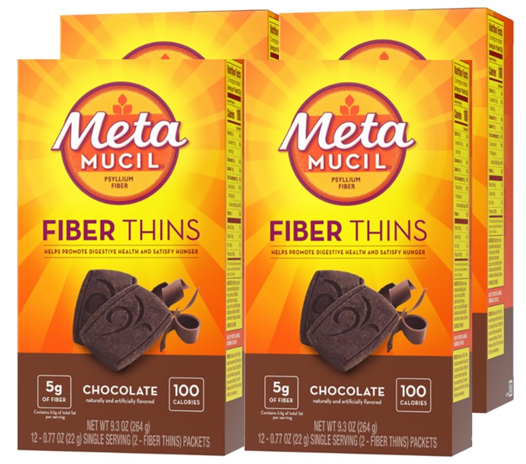 Metamucil, Fiber Thins, Daily Psyllium Husk Fiber Supplement, Podporuje Tráviace zdravie a uspokojuje hlad, čokoládová chuť, 48 Celkové služby (4 balenia z 12)