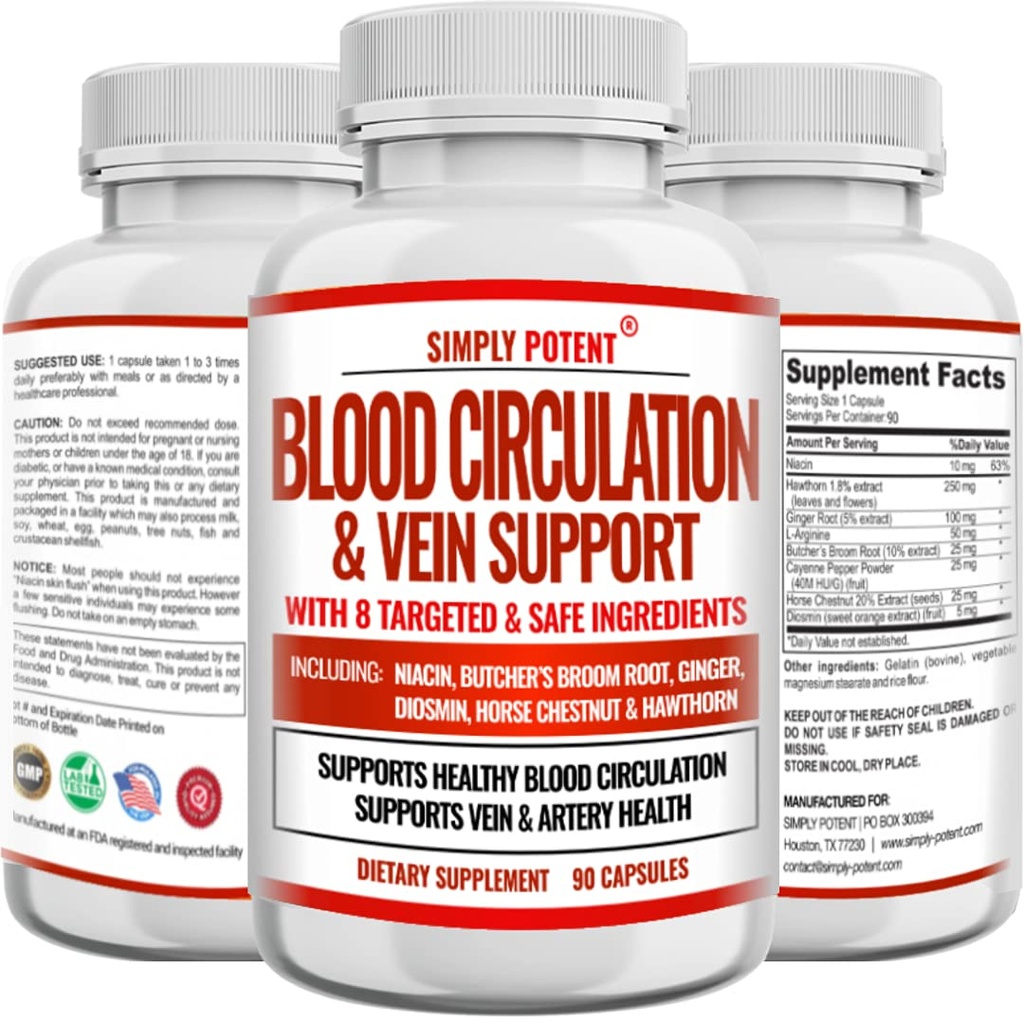 Blood Circulation & Vein Suplement, 90 Caps, Pomáha s Spider a Varicose Veins, podporuje nádoby, nohy a kardiovaskulárne zdravie s Niacin, Ginger, Cayenne Pepper