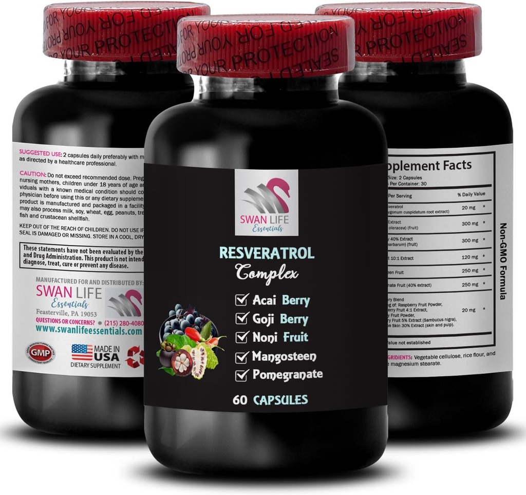 Polyfenolový komplex - RESVERATROL COPLEX - Denná podpora, Grape Skin Boost, Berry Power, Staršie plody Sila, Prírodné extrakty, Energetická podpora, Pomegranate Boost, Celé ovocie 1 Fľaša 60 Kapsule