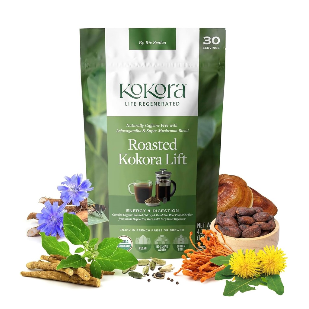 Kokora - Pražená Kokora Lift - Púpava, Čakanka, Ashwagandha Root Powder s Super Huby - Energizes & Propaguje zdravé trávenie - Vegan, Gluten Free, No Added Sugar - 30 Servings - 120g