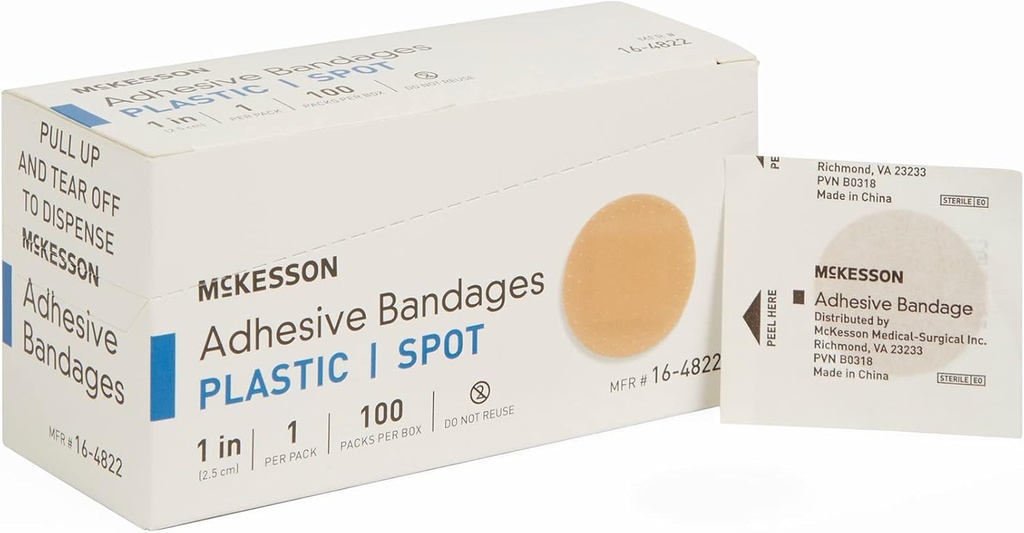 McKesson Adhezívne pásy, Sterilné, Plastové Spot, 1 na, 100 Počet, 24 Balíčky, 2400 Celkom