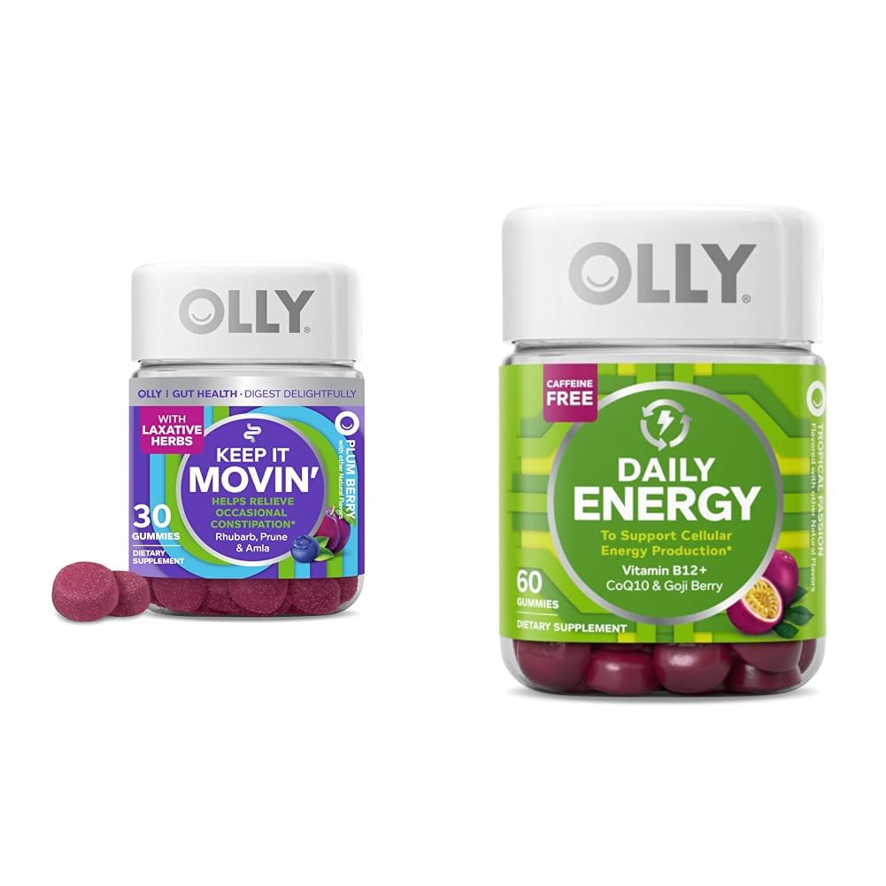 OLLY Zápcha Relief 30ct, Energy Gummy 60ct - Rebarbora Prunes Amla Berry, B12 CoQ10 Goji Tropical