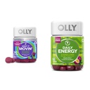 OLLY Zápcha Relief 30ct, Energy Gummy 60ct - Rebarbora Prunes Amla Berry, B12 CoQ10 Goji Tropical