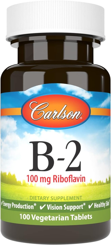 Carlson - B-2, 100 mg Riboflavín, výroba energie, podpora zraku a zdravá koža, 100 vegetariánskych tabliet