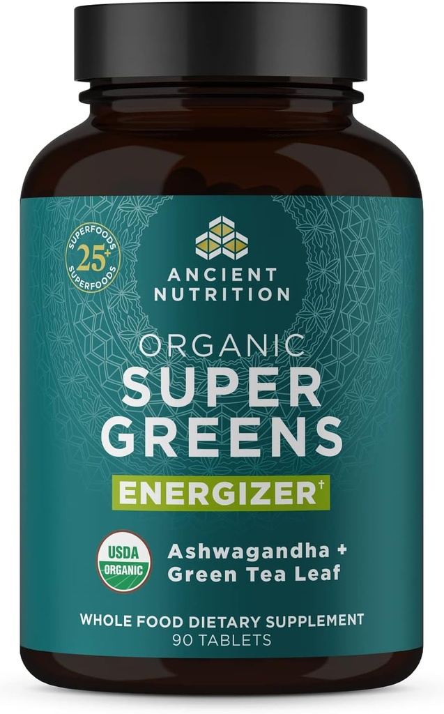 Staroveká výživa Supergreeny Energizer Tablety, Organic Superfood Tablety s kofeínom, vyrobené z reálneho ovocia, Zelenina a bylinky, na podporu trávenia a energie, 90 Počet
