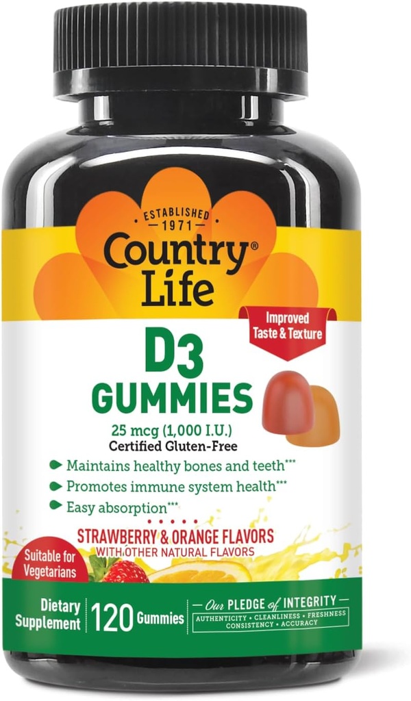 Country Life Strawberry & Orange D3 Gummy, 120 CT