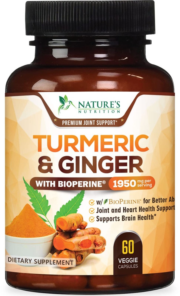 Turmeric Curcumin Supplement 1950mg - 95% Curcuminoids with Organic Turmeric & Ginger, BioPine Black Pepper for Best Absorbtion, Nature's Vegan Joint Support, Non-GMO, Bottled in USA - 60 Kapsule