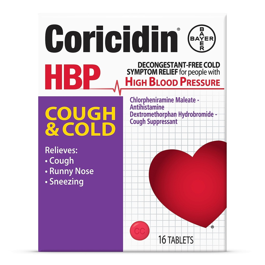 Coricidin HBP Dekongestant-free Kašeľ a studená medicína - Špeciálne navrhnutá úľava pre vysoký krvný tlak, Kašeľ, Runny Nose, Kýchanie a studené príznaky (16 Počet)