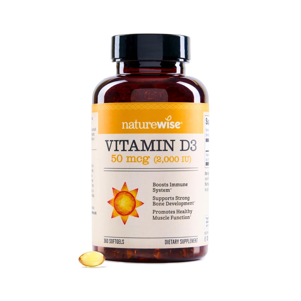 NatureWise vitamín D3 2000iu (50 μg) 1-ročný zdroj pre imunitnú podporu, zdravú funkciu svalov a zdravie kostí - non-GMO, bezlepok v organickom extra panenskom olivovom oleji, (Mini Softgel), 360 počet