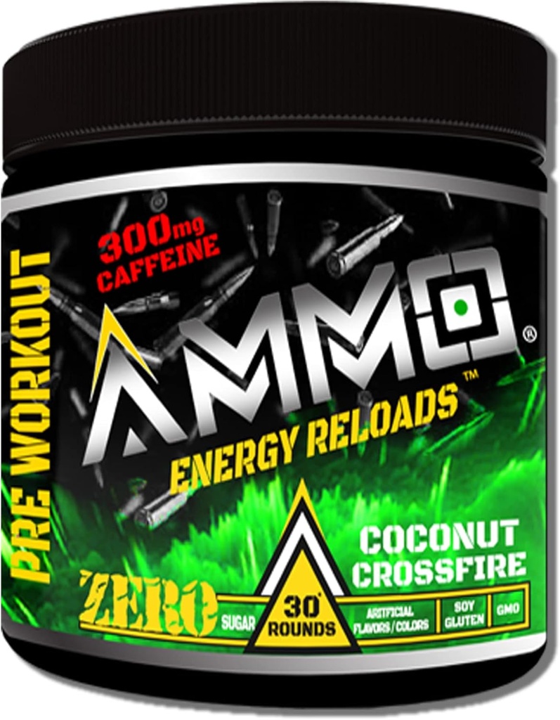AMMO ® Energy ReloadsTM Pre cvičenie Powder - 300mg Kofeín Zero Cukor Vital Aminos a Electrolytes Žiadne umelé príchute alebo farby (Coconut Crossfire)