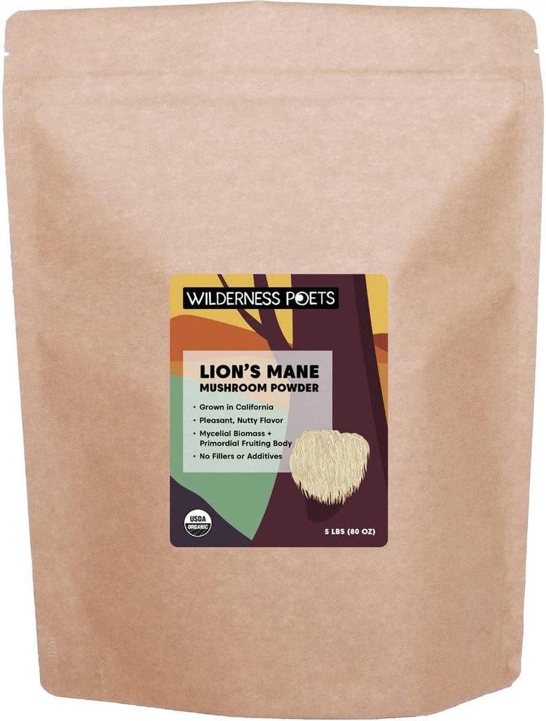 Divoké básne Organické Lion Mane Huba Powder - Kalifornia rastie (80 Ounce - 5 libier)