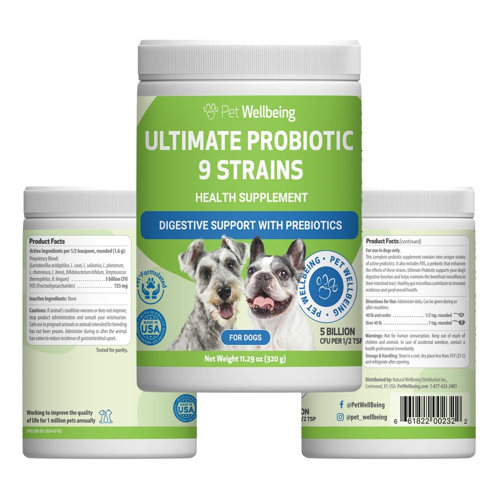 Pet Wellbeing Ultimate Probiotic 9 Kmene pre psy a mačky - podporuje Gut Microbome a trávenie, Imunitný systém starostlivosti, močových ciest Tract Health, FOS, 2,5 miliardy CFU - 11.29 oz (320 g) Prášok