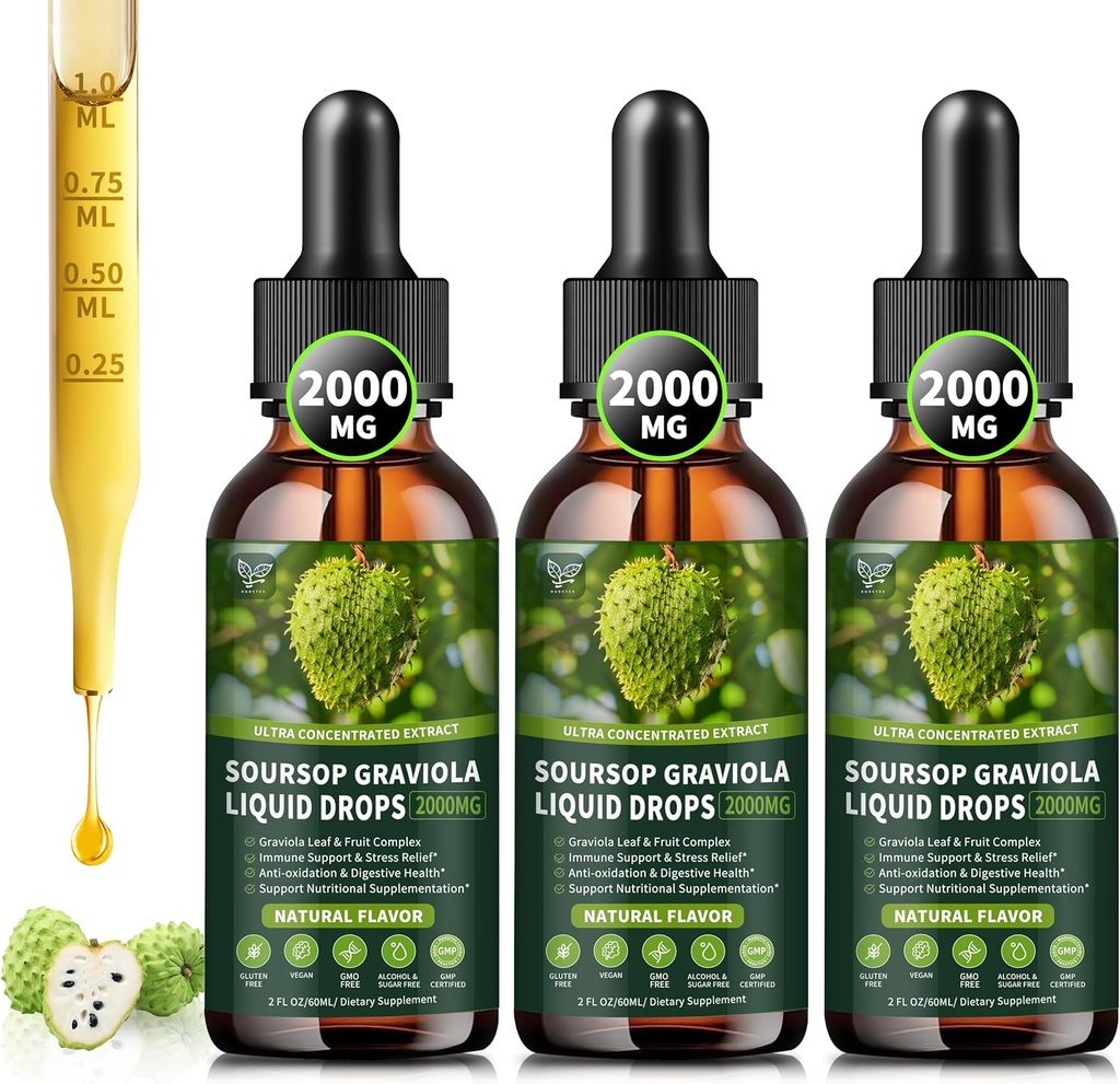 (3 balenia) Soursop Graviola Liquid Drops 2000mg, 98% Absorpcia pre podporu buniek a regeneráciu, Immune Boost, Pečeň, Bylinné dobroty, Soursop Bitters Liquid-Sugar/Gluten Free, Natural Flavor, 6 Fl Oz