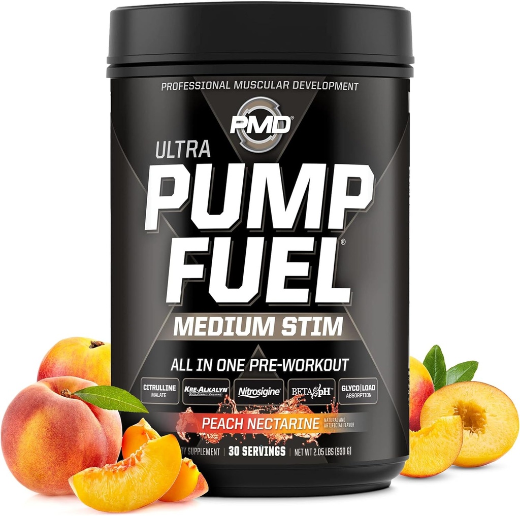 PMD Športové čerpadlo palivo Ultra Medium Stim - Premium Pre Workout Powder & Muscle Pump, Väčšie zameranie, Vytrvalosť a zotavenie, Premium Creatine, Arginine & Beta Alanine - Peach Nectarine (30 Servings)