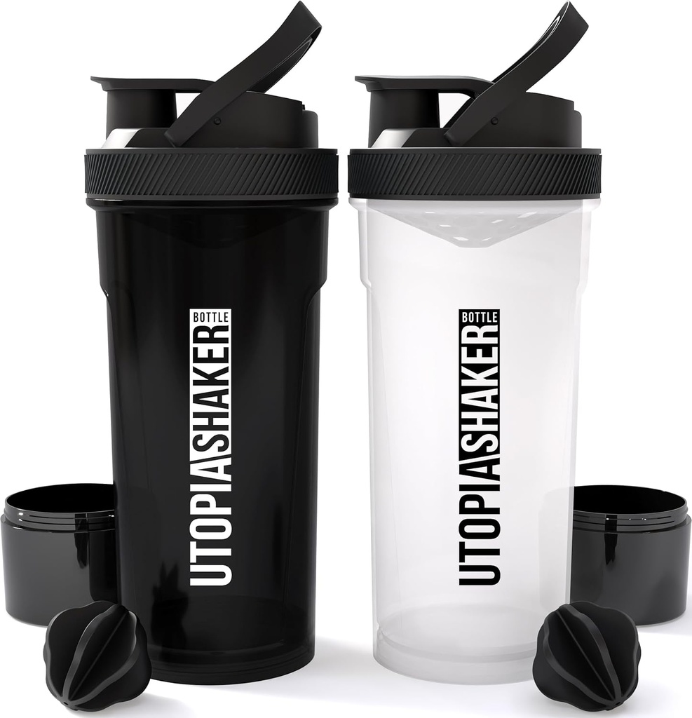 Utopia Domov Fľaša na pretrepanie 2 balenia - 24 Ounce Plastový proteín alebo Cocktail fľaša na pre & post cvičenie s Twist & Lock Protein Box úložisko (všetky čierne a jasné/čierne)