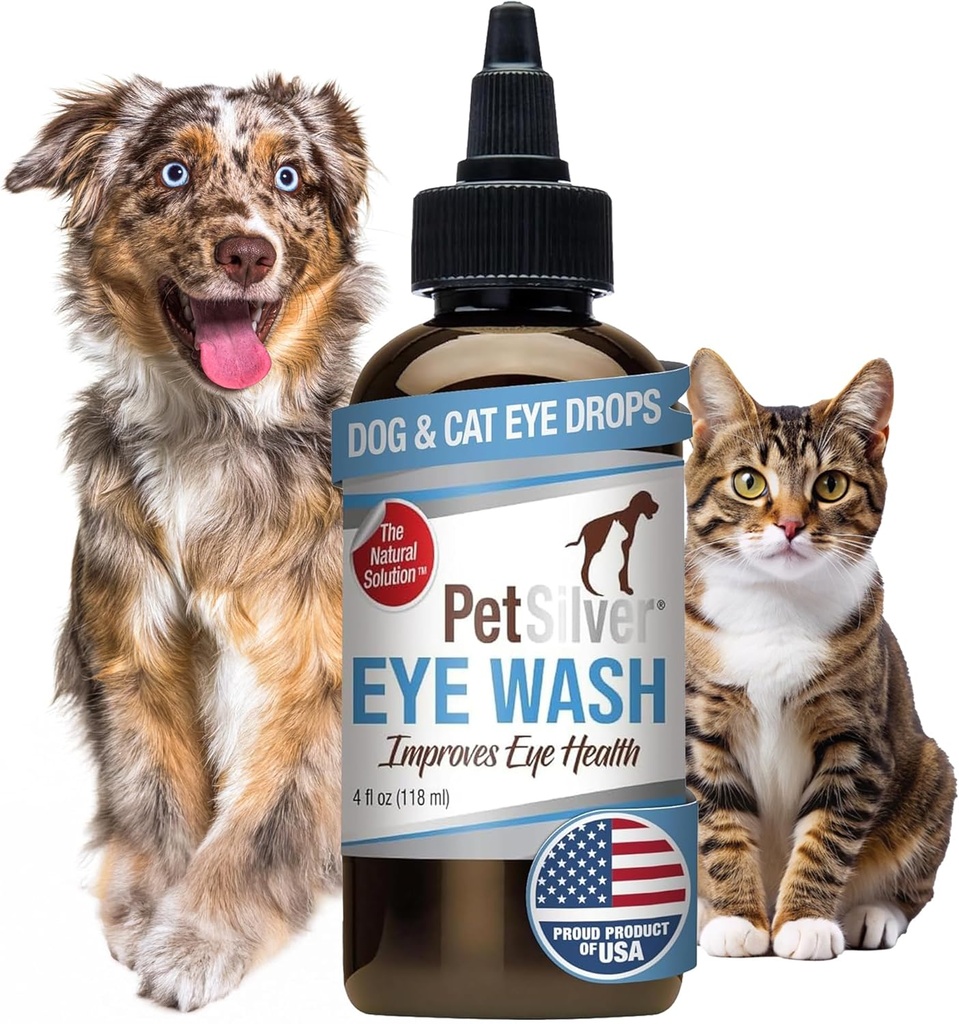 PetSilver očné kvapky pre psy a mačky - Prírodné psie očné umývanie - úľava pre zápal a podráždenie - Pet Eye Cleaner a tear Stain Remover - Patented Silver Formula - Vyrobené v USA - 4 fl oz