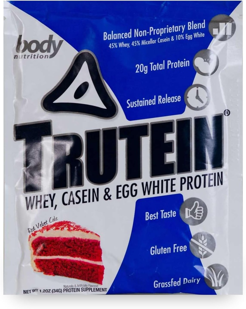 Telo Nutrition Trutein High Protein Powder: 45% Srvátka, 45% Kazeín, 10% Vaječná bielka, bez lepidla, nízky sodík, tráva Fed Srvátka Protein Powder, Gym Supplement & Breakfast Shake, Red Velvet Cake, 34g Vzorka