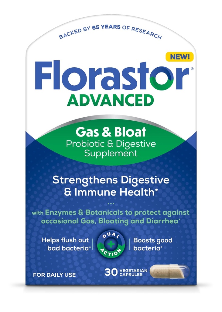 Florastor Advanced Gas and Bloat Probiotic, Digestive Enzymes and Botanicals, Plus Probiotics for Digestive Health, 30 Kapsule