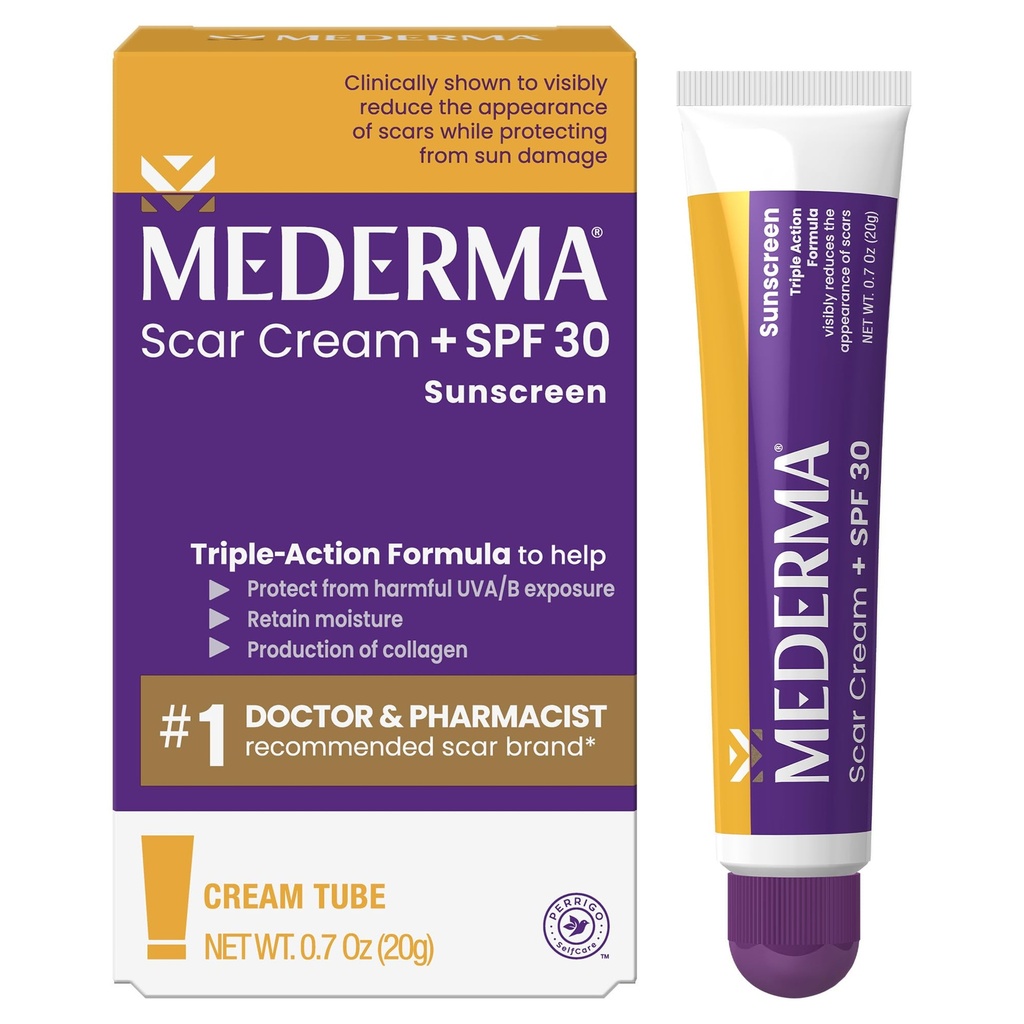 Mederma Scar Cream Plus SPF 30 - Advanced Jazva liečba, chráni pred poškodením slnkom, znižuje vzhľad jaziev z akné, popáleniny, chirurgia a zranenia, 0,7 oz