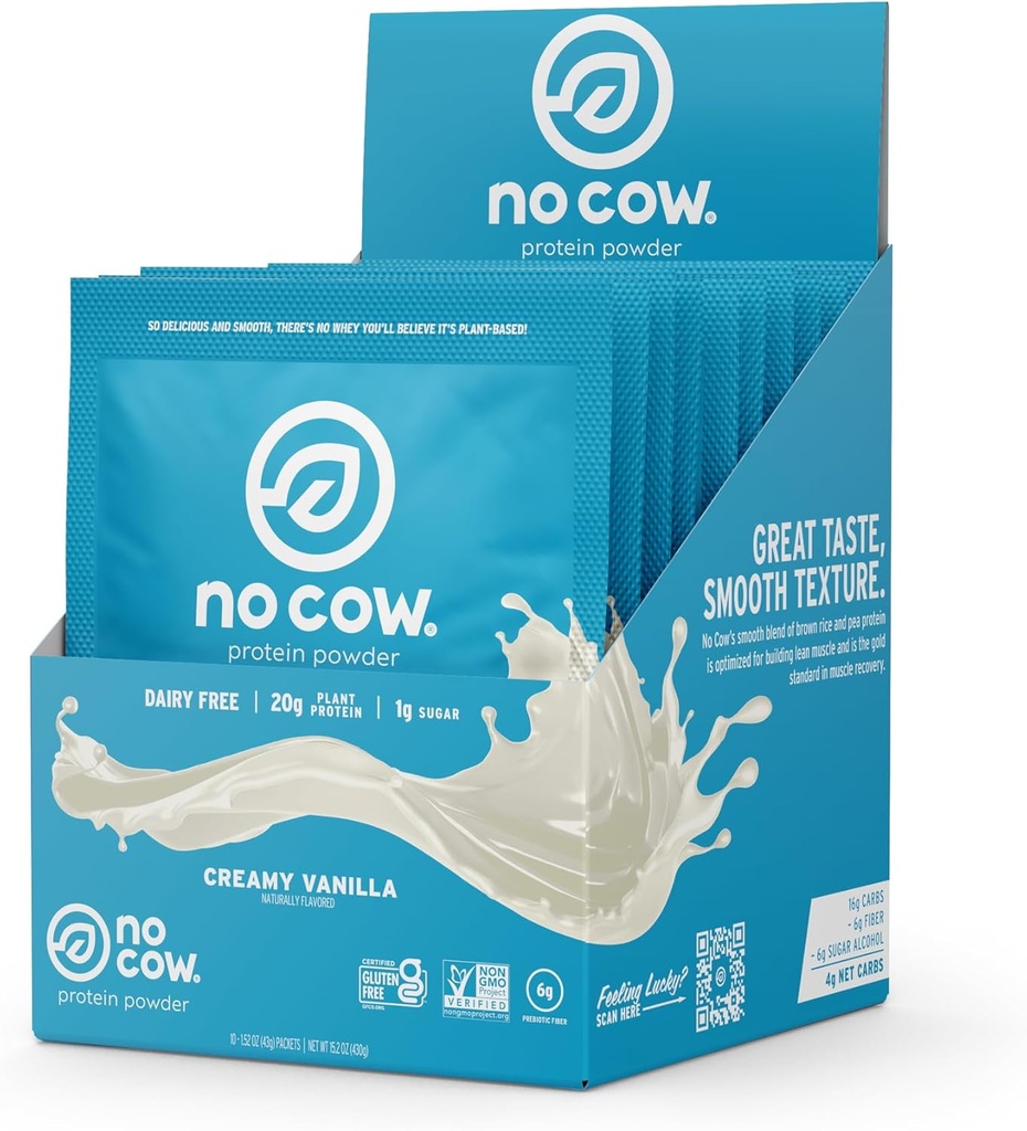 No Cow Vegan Protein Powder, Vanilla, 20g Plant Based Protein, Single Serve Pakets, Dairy Free, Soy Free, No Sugar Pridané, Keto Friendly, Gluten Free, Prirodzene Sweeted, Non GMO, Kosher, 10 Count