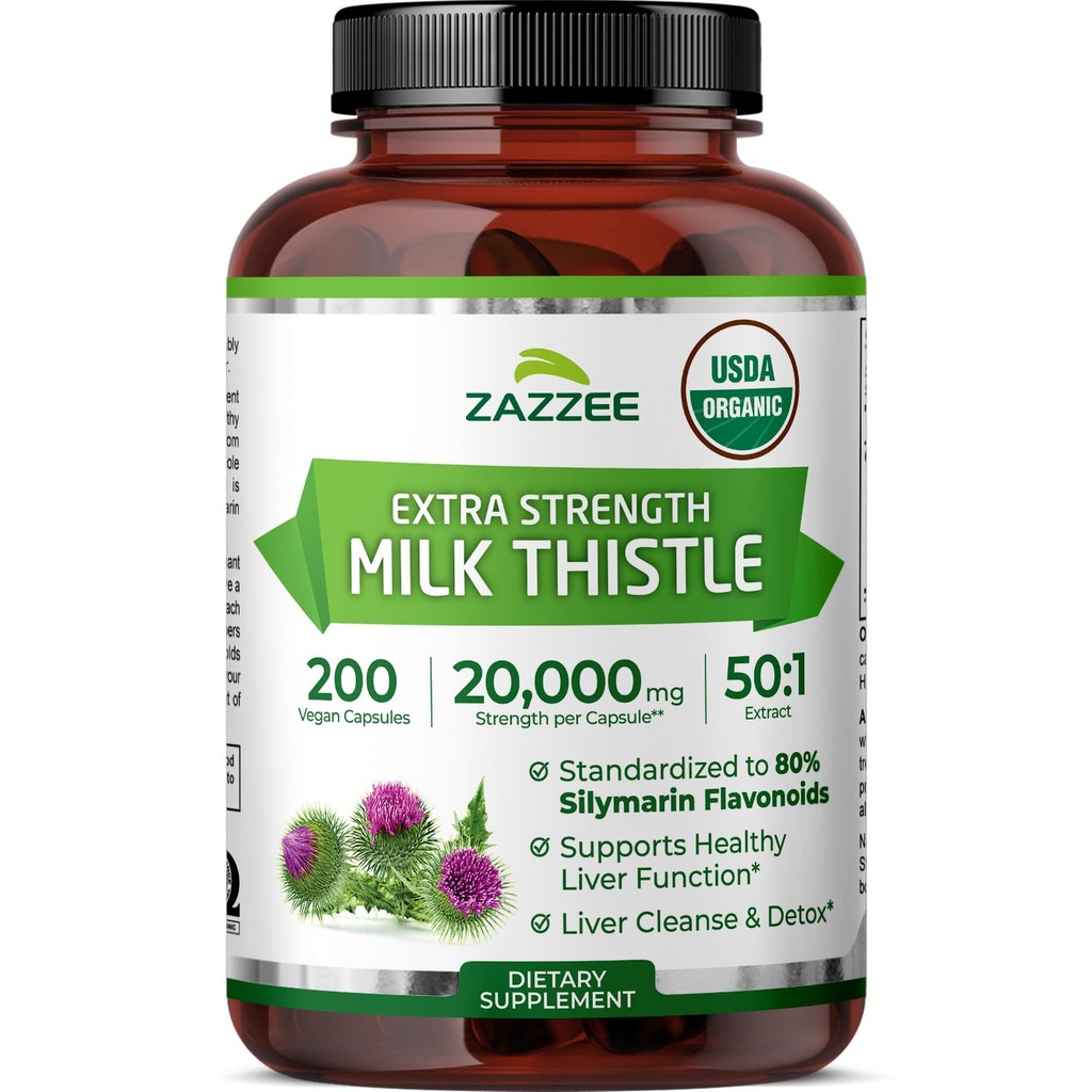 Zazzee USDA Organic Milk Thitle 50:1 Extract, 80% Silymarin Flavonoids, 200 Vegan Capsules, 6+ Month Supply, Silybum Marianum, Liver Support & Detox Support, Organic All-Natural, Non-GMO, Made in USA