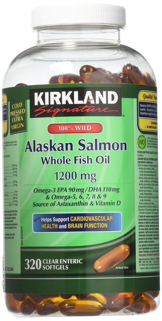 Kirkland Signature 100% Wild Aljašský lososový olej 90 EPA 110 DHA 1200mg - 320 Enteric Coated Softgels