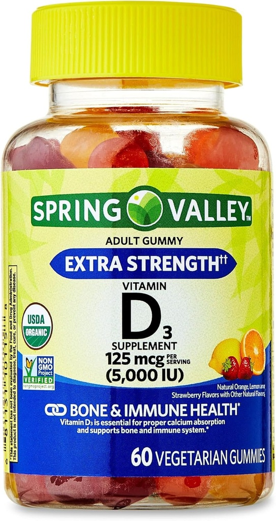 IKJ Extra sila Vitamín D3 Kosť a imunitný zdravotný doplnok Vegetariánske Gummy, 125 μg (5 000 IU), 60 Počet