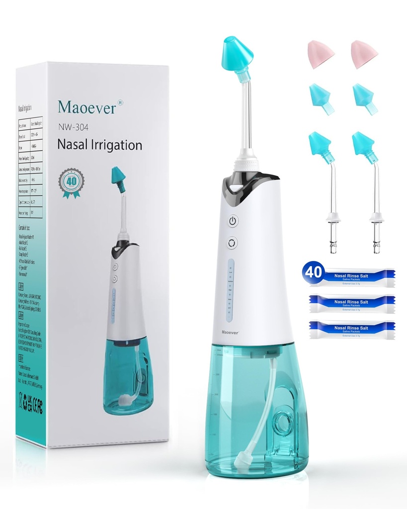 Systém zavlažovania nosa, bezdrôtový oplachovací prístroj pre Sinus Relief & Nasal Care, elektrický Neti pot so 6 tipami a 40 soľnými balíčkami Sinus Rinse systém pre dospelých a deti