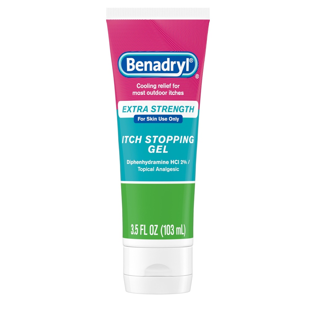 Benadryl Extra sila Anti svrbenie Relief Gel, 2% Difenhydramín HCl, Relief from Insect Bites, Sunburn & More, Great for Camping Essentials, 3,5 fl oz