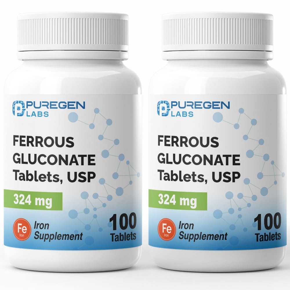 Puregen Labs Ferrous Glukonát 324 mg [Vysoká potencia] Železo Supplement, jemne na bruchu 2 balenie - 200 tabliet Celkom