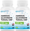 Puregen Labs Ferrous Glukonát 324 mg [Vysoká potencia] Železo Supplement, jemne na bruchu 2 balenie - 200 tabliet Celkom
