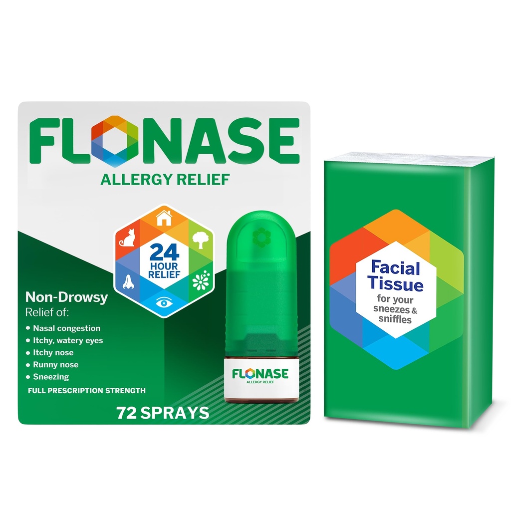 Úľava od alergie na flonázu Nosový sprej, 24-hodinový non-Drowsy Multi-Symptom Relief - 72 sprejov plus Bonusové balenie tkanív